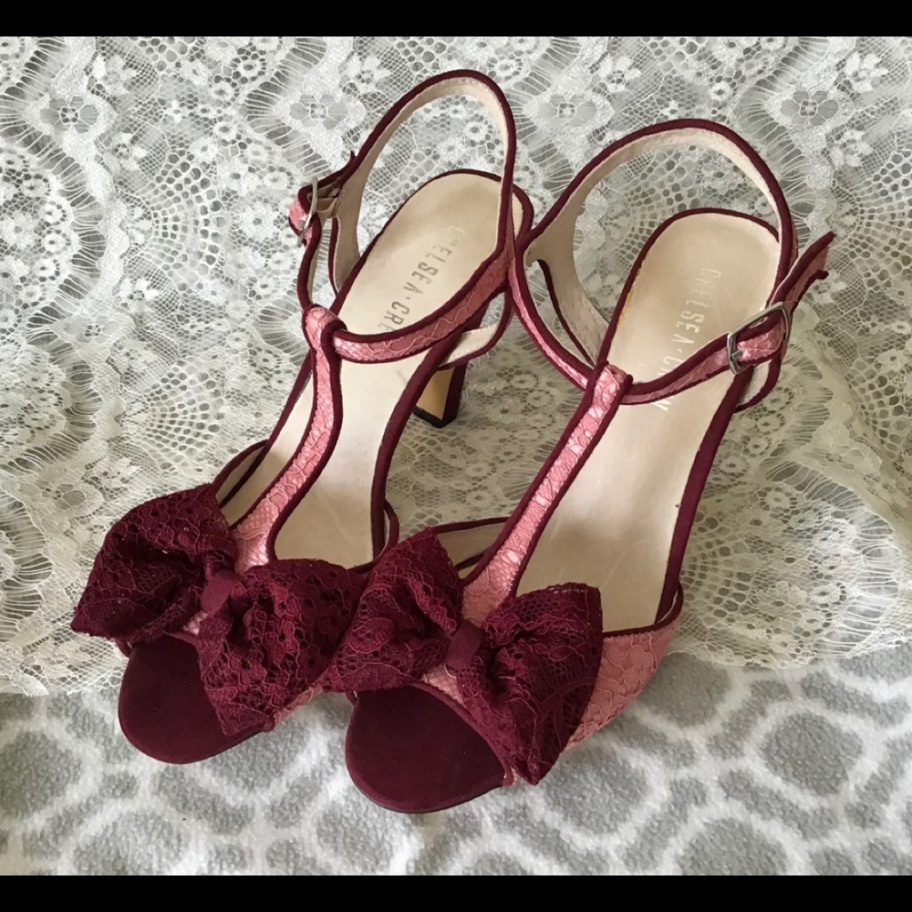 Burgundy and Pink T-strap 3 inch Lacy Heels